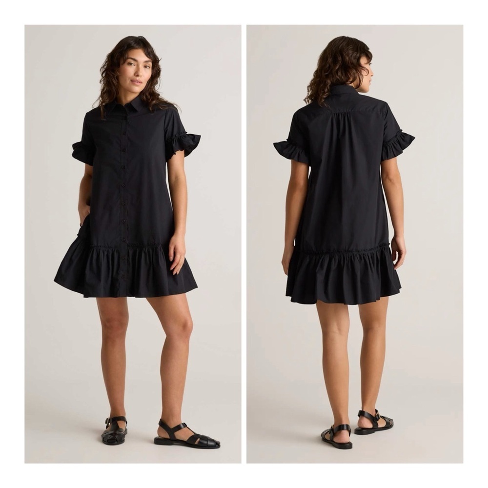 Quince Black Ruffled Short-Sleeve Mini Shirt Dress